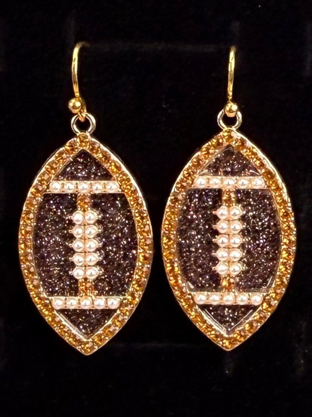 Goldtone Brown Bling Football Dangle Pierced Earrings